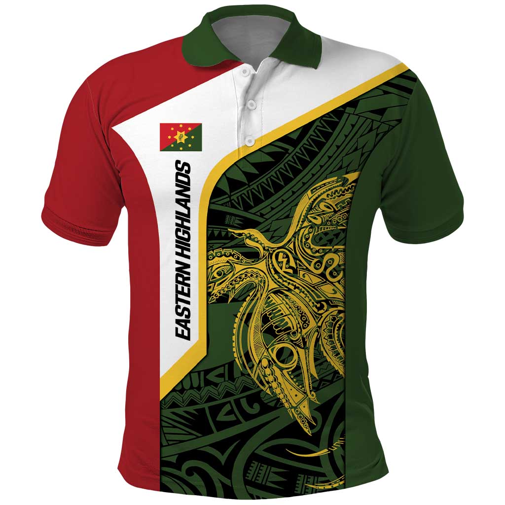 Personalised PNG Eastern Highlands Polo Shirt Bird of Paradise Tattoo Flag Motif - Polynesian Pride