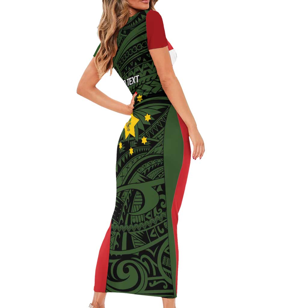 Personalised PNG Eastern Highlands Short Sleeve Bodycon Dress Bird of Paradise Tattoo Flag Motif LT9 - Polynesian Pride