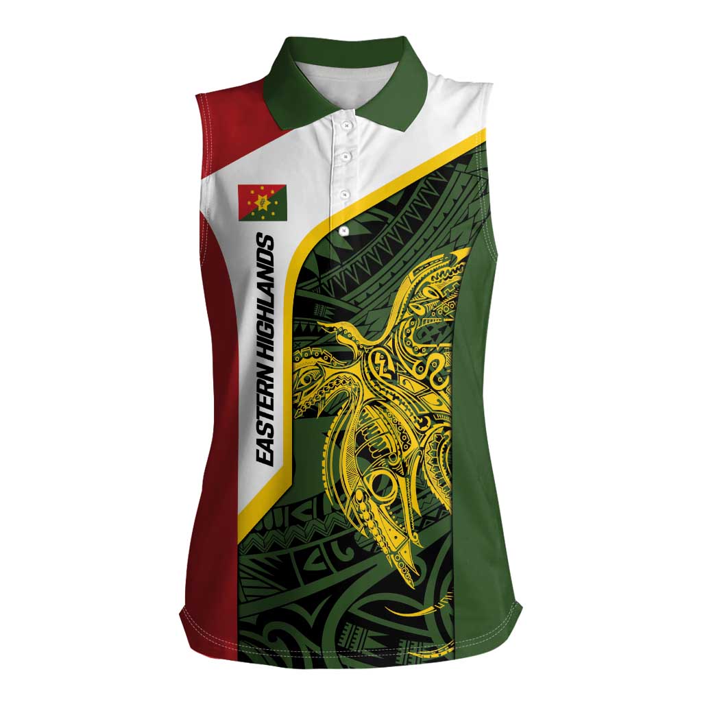 Personalised PNG Eastern Highlands Women Sleeveless Polo Shirt Bird of Paradise Tattoo Flag Motif LT9 Female Green - Polynesian Pride