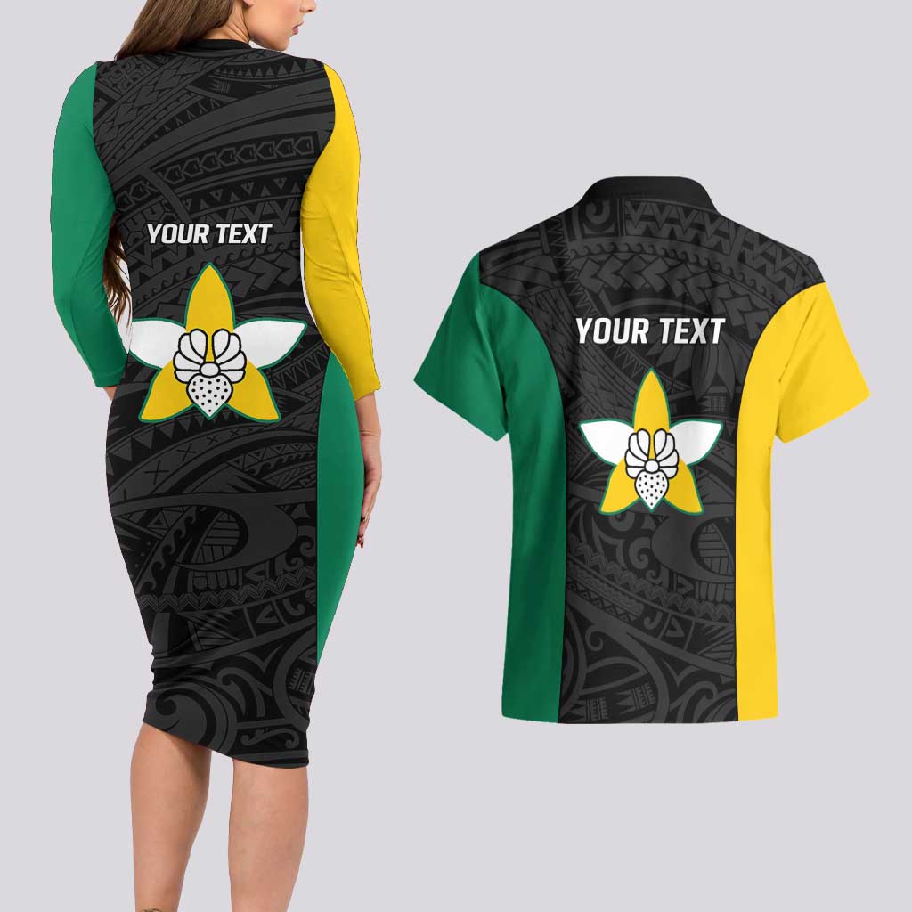 Personalised PNG Enga Province Couples Matching Long Sleeve Bodycon Dress and Hawaiian Shirt Bird of Paradise Tattoo Flag Motif LT9 - Polynesian Pride