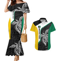 Personalised PNG Enga Province Couples Matching Mermaid Dress and Hawaiian Shirt Bird of Paradise Tattoo Flag Motif LT9 Green - Polynesian Pride