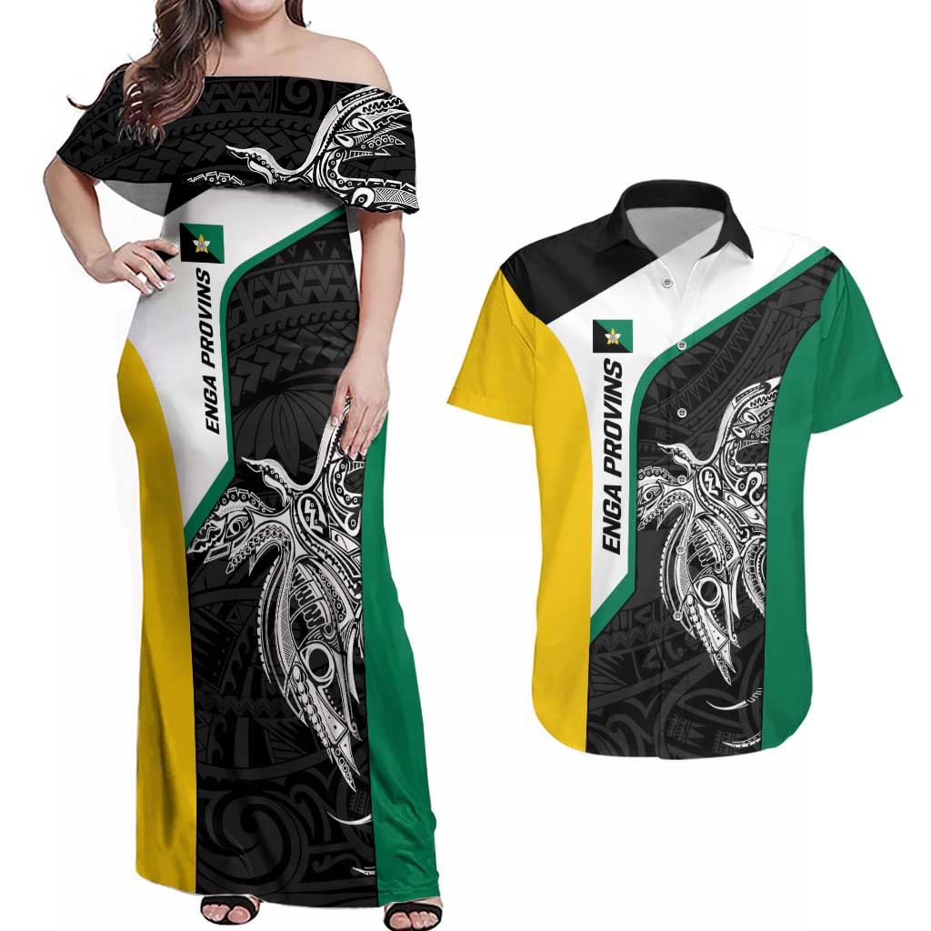Personalised PNG Enga Province Couples Matching Off Shoulder Maxi Dress and Hawaiian Shirt Bird of Paradise Tattoo Flag Motif LT9 Green - Polynesian Pride