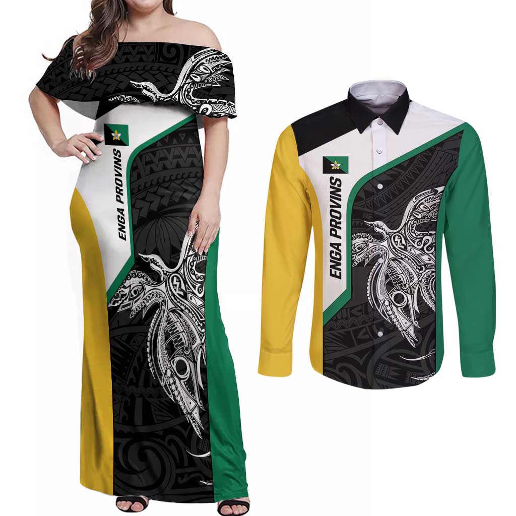 Personalised PNG Enga Province Couples Matching Off Shoulder Maxi Dress and Long Sleeve Button Shirt Bird of Paradise Tattoo Flag Motif LT9 Green - Polynesian Pride