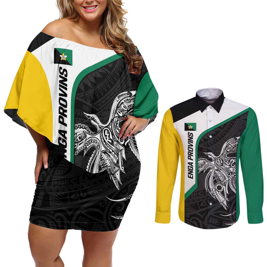 Personalised PNG Enga Province Couples Matching Off Shoulder Short Dress and Long Sleeve Button Shirt Bird of Paradise Tattoo Flag Motif LT9 Green - Polynesian Pride