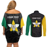 Personalised PNG Enga Province Couples Matching Off Shoulder Short Dress and Long Sleeve Button Shirt Bird of Paradise Tattoo Flag Motif LT9 - Polynesian Pride