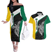 Personalised PNG Enga Province Couples Matching Off The Shoulder Long Sleeve Dress and Hawaiian Shirt Bird of Paradise Tattoo Flag Motif LT9 Green - Polynesian Pride