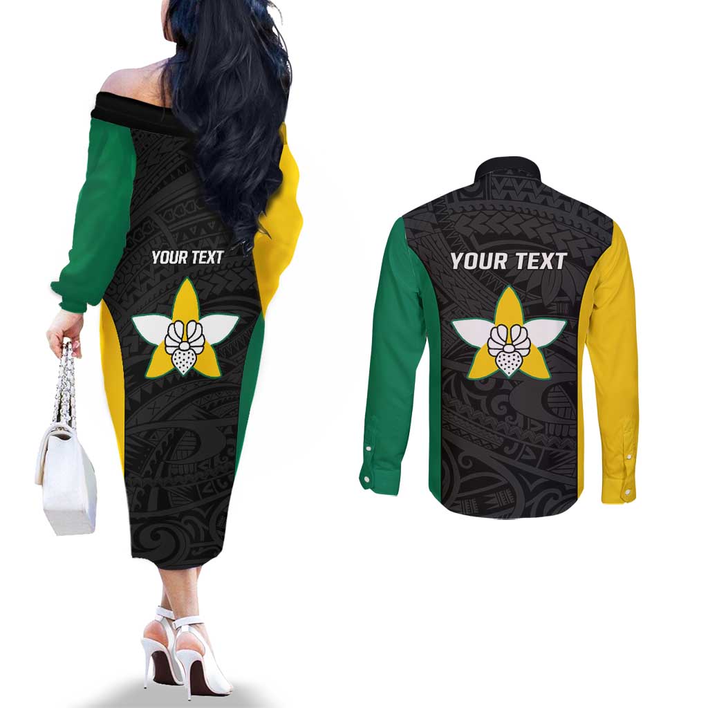 Personalised PNG Enga Province Couples Matching Off The Shoulder Long Sleeve Dress and Long Sleeve Button Shirt Bird of Paradise Tattoo Flag Motif LT9 - Polynesian Pride