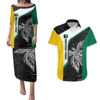 Personalised PNG Enga Province Couples Matching Puletasi and Hawaiian Shirt Bird of Paradise Tattoo Flag Motif LT9 Green - Polynesian Pride