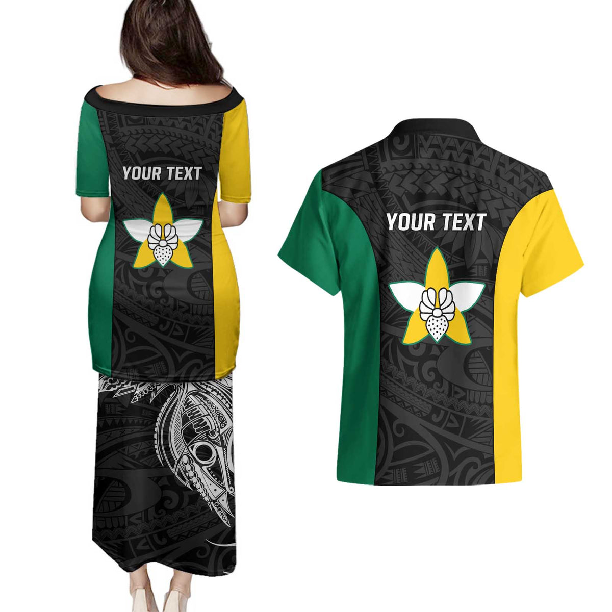 Personalised PNG Enga Province Couples Matching Puletasi and Hawaiian Shirt Bird of Paradise Tattoo Flag Motif LT9 - Polynesian Pride