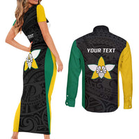 Personalised PNG Enga Province Couples Matching Short Sleeve Bodycon Dress and Long Sleeve Button Shirt Bird of Paradise Tattoo Flag Motif LT9 - Polynesian Pride