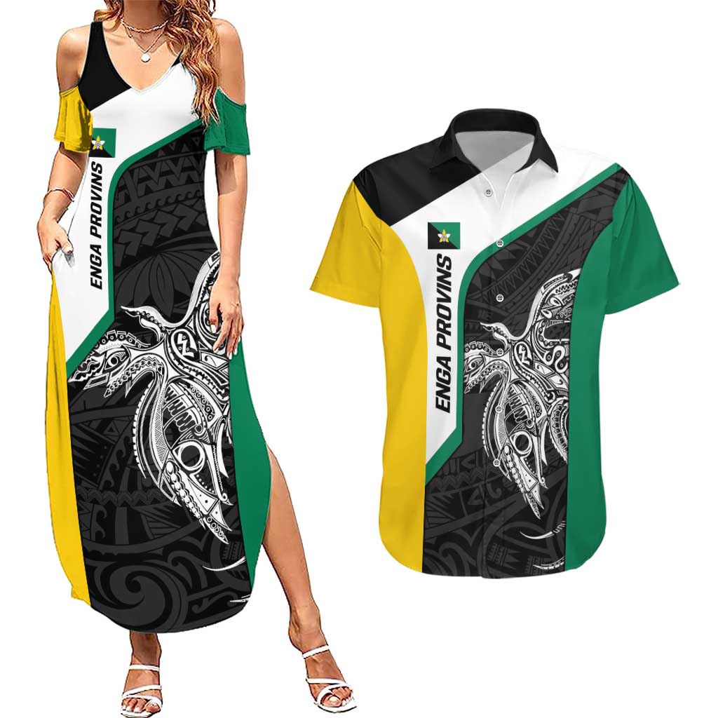 Personalised PNG Enga Province Couples Matching Summer Maxi Dress and Hawaiian Shirt Bird of Paradise Tattoo Flag Motif LT9 Green - Polynesian Pride