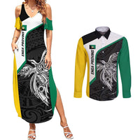 Personalised PNG Enga Province Couples Matching Summer Maxi Dress and Long Sleeve Button Shirt Bird of Paradise Tattoo Flag Motif LT9 Green - Polynesian Pride