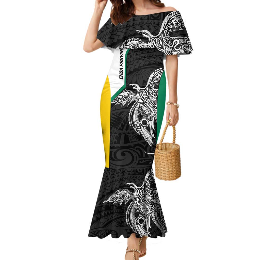 Personalised PNG Enga Province Family Matching Mermaid Dress and Hawaiian Shirt Bird of Paradise Tattoo Flag Motif LT9 Mom's Dress Green - Polynesian Pride