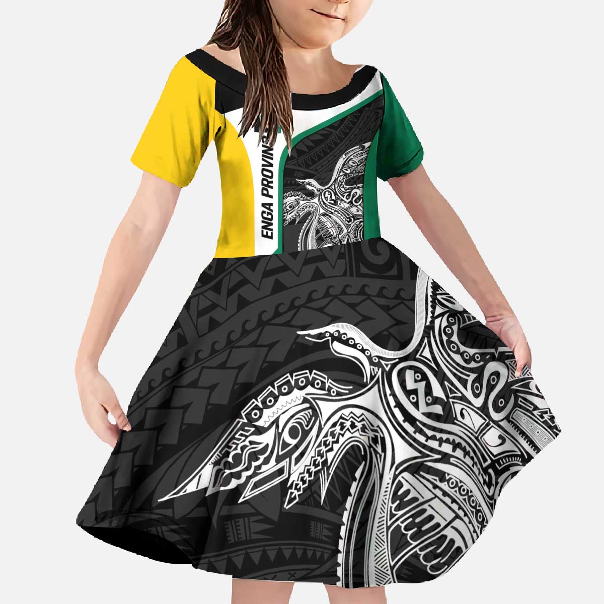 Personalised PNG Enga Province Family Matching Off The Shoulder Long Sleeve Dress and Hawaiian Shirt Bird of Paradise Tattoo Flag Motif LT9 Daughter's Dress Green - Polynesian Pride