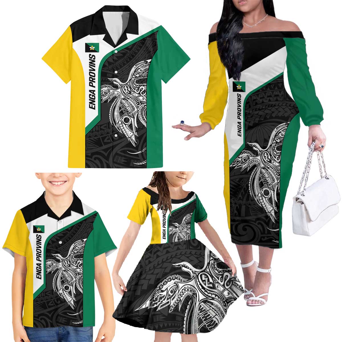 Personalised PNG Enga Province Family Matching Off The Shoulder Long Sleeve Dress and Hawaiian Shirt Bird of Paradise Tattoo Flag Motif LT9 - Polynesian Pride