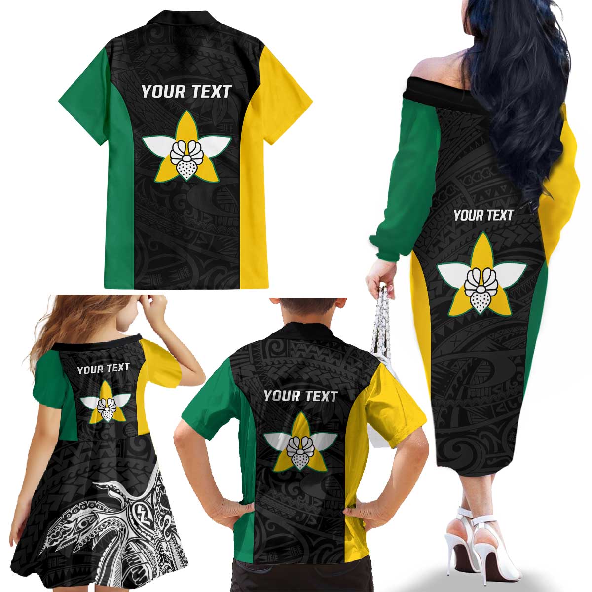 Personalised PNG Enga Province Family Matching Off The Shoulder Long Sleeve Dress and Hawaiian Shirt Bird of Paradise Tattoo Flag Motif LT9 - Polynesian Pride