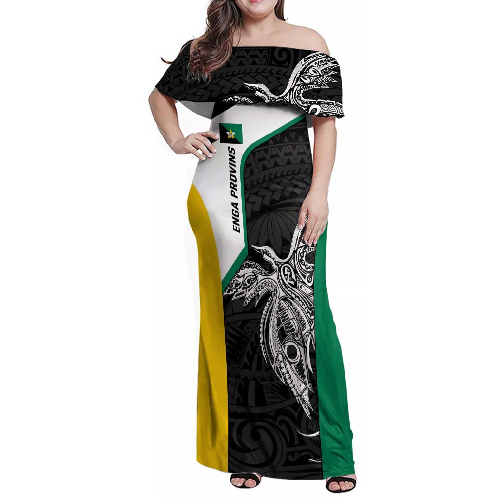 Personalised PNG Enga Province Family Matching Off Shoulder Maxi Dress and Hawaiian Shirt Bird of Paradise Tattoo Flag Motif LT9 Mom's Dress Green - Polynesian Pride