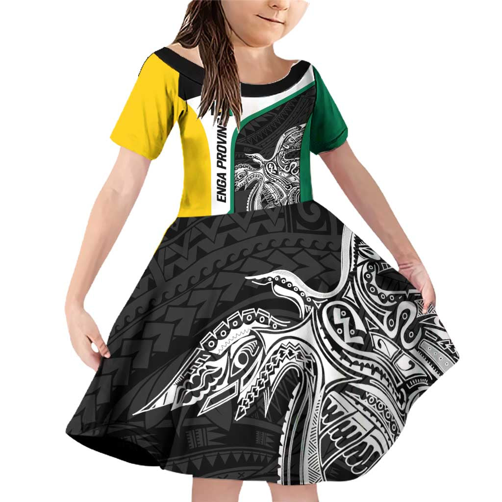 Personalised PNG Enga Province Family Matching Off Shoulder Short Dress and Hawaiian Shirt Bird of Paradise Tattoo Flag Motif LT9 Daughter's Dress Green - Polynesian Pride