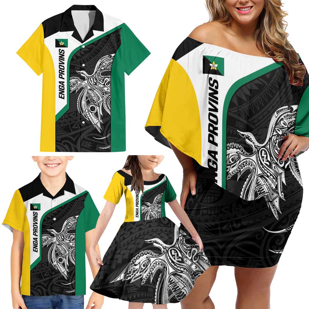 Personalised PNG Enga Province Family Matching Off Shoulder Short Dress and Hawaiian Shirt Bird of Paradise Tattoo Flag Motif LT9 - Polynesian Pride