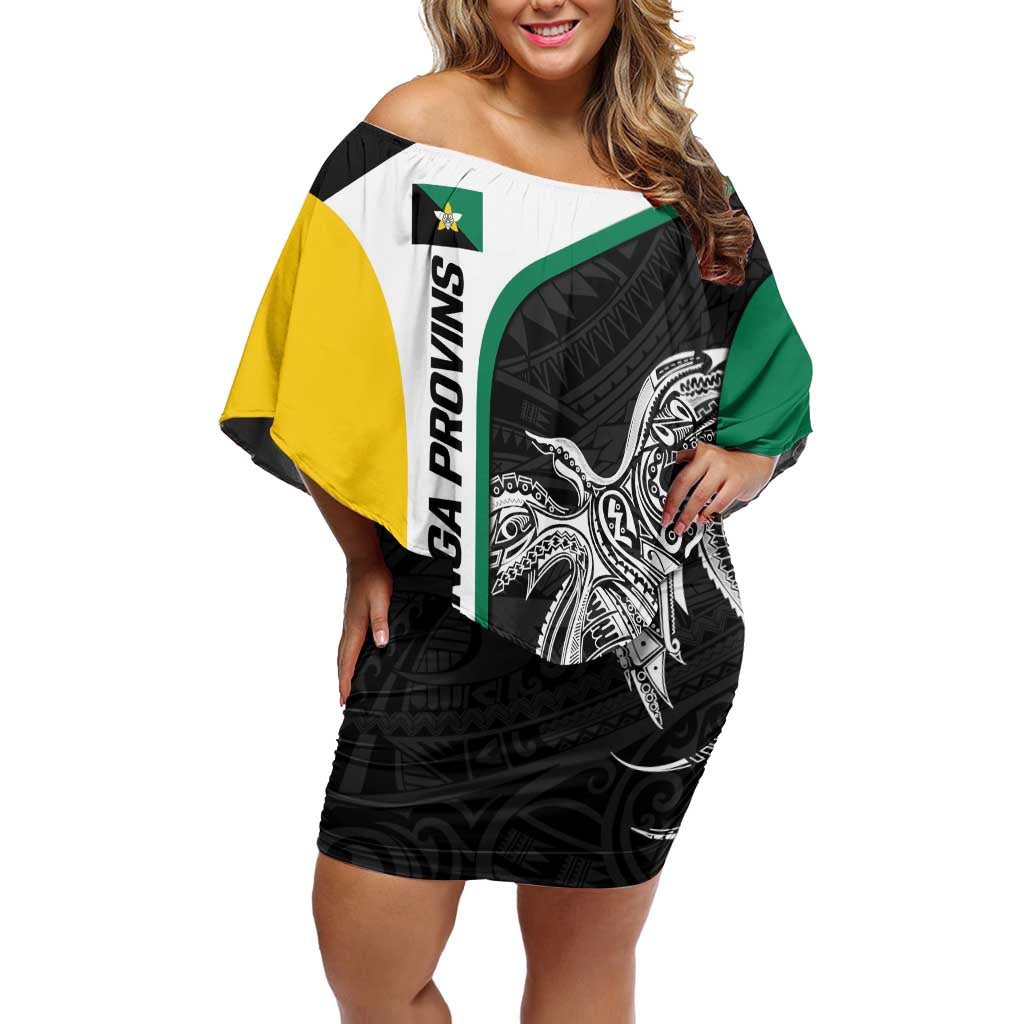 Personalised PNG Enga Province Family Matching Off Shoulder Short Dress and Hawaiian Shirt Bird of Paradise Tattoo Flag Motif LT9 Mom's Dress Green - Polynesian Pride
