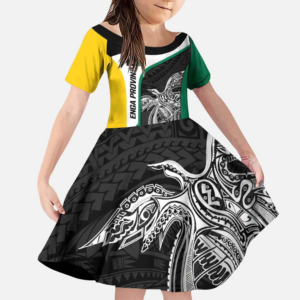 Personalised PNG Enga Province Family Matching Puletasi and Hawaiian Shirt Bird of Paradise Tattoo Flag Motif LT9 Daughter's Dress Green - Polynesian Pride