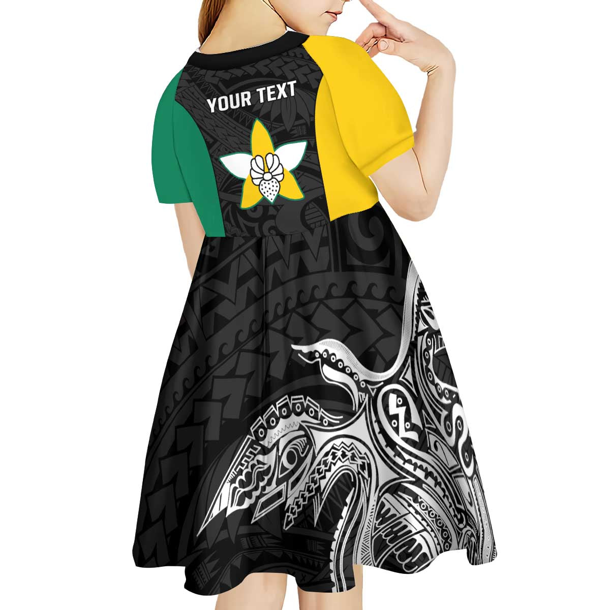 Personalised PNG Enga Province Kid Short Sleeve Dress Bird of Paradise Tattoo Flag Motif LT9 - Polynesian Pride
