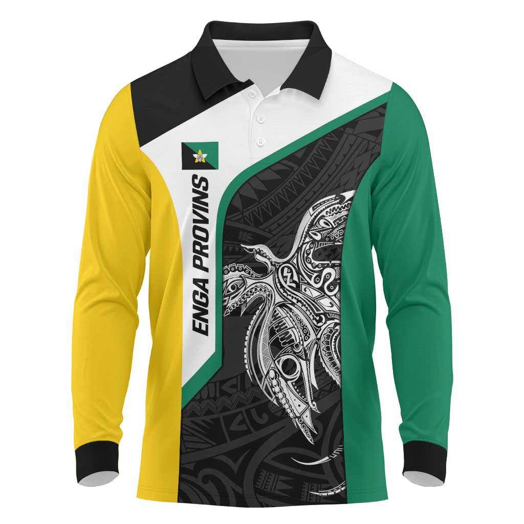 Personalised PNG Enga Province Long Sleeve Polo Shirt Bird of Paradise Tattoo Flag Motif LT9 Green - Polynesian Pride
