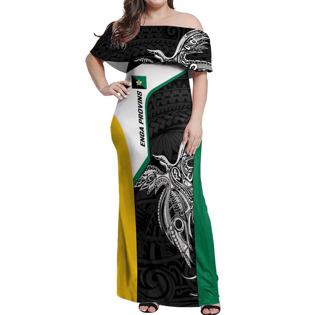 Personalised PNG Enga Province Off Shoulder Maxi Dress Bird of Paradise Tattoo Flag Motif - Polynesian Pride