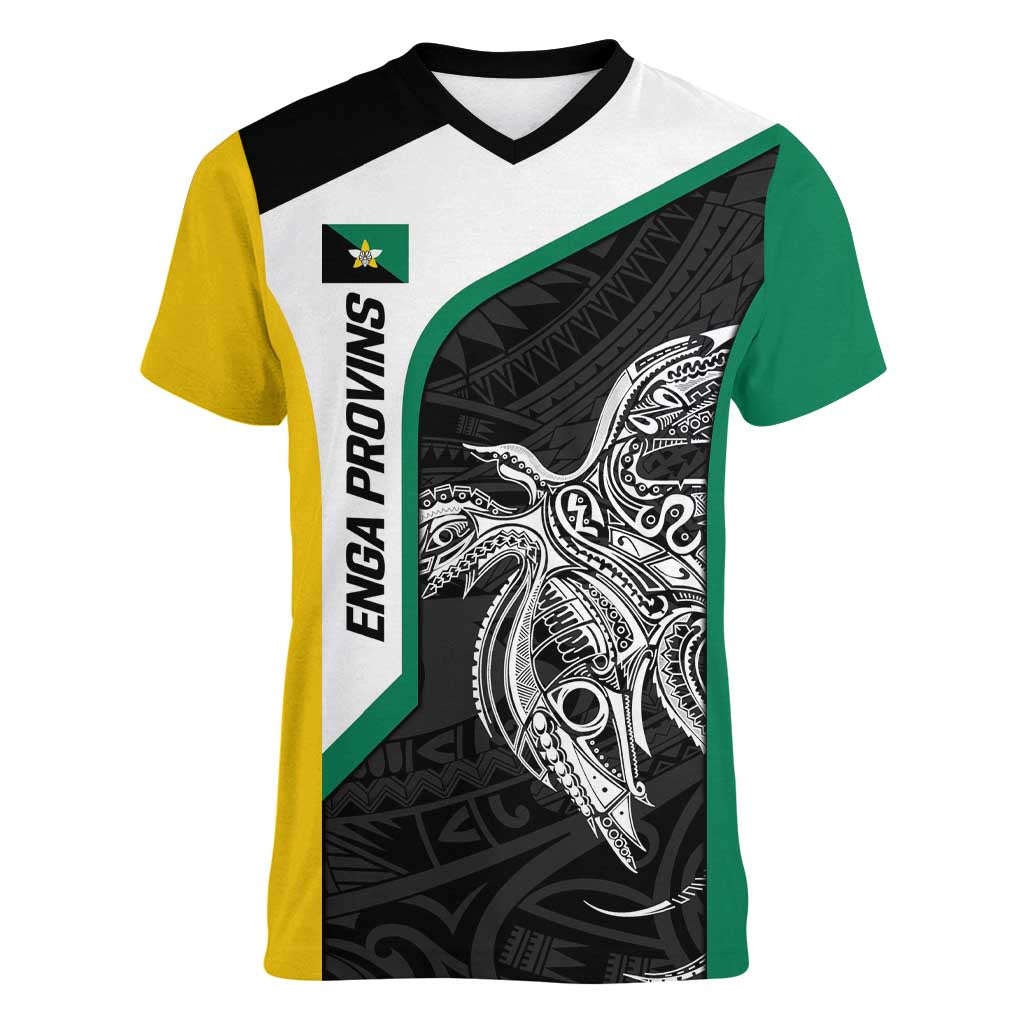Personalised PNG Enga Province Women V-Neck T-Shirt Bird of Paradise Tattoo Flag Motif - Polynesian Pride