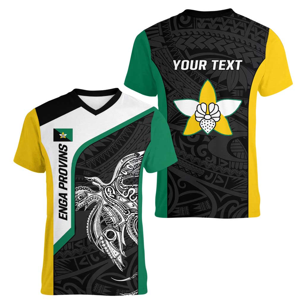 Personalised PNG Enga Province Women V-Neck T-Shirt Bird of Paradise Tattoo Flag Motif - Polynesian Pride