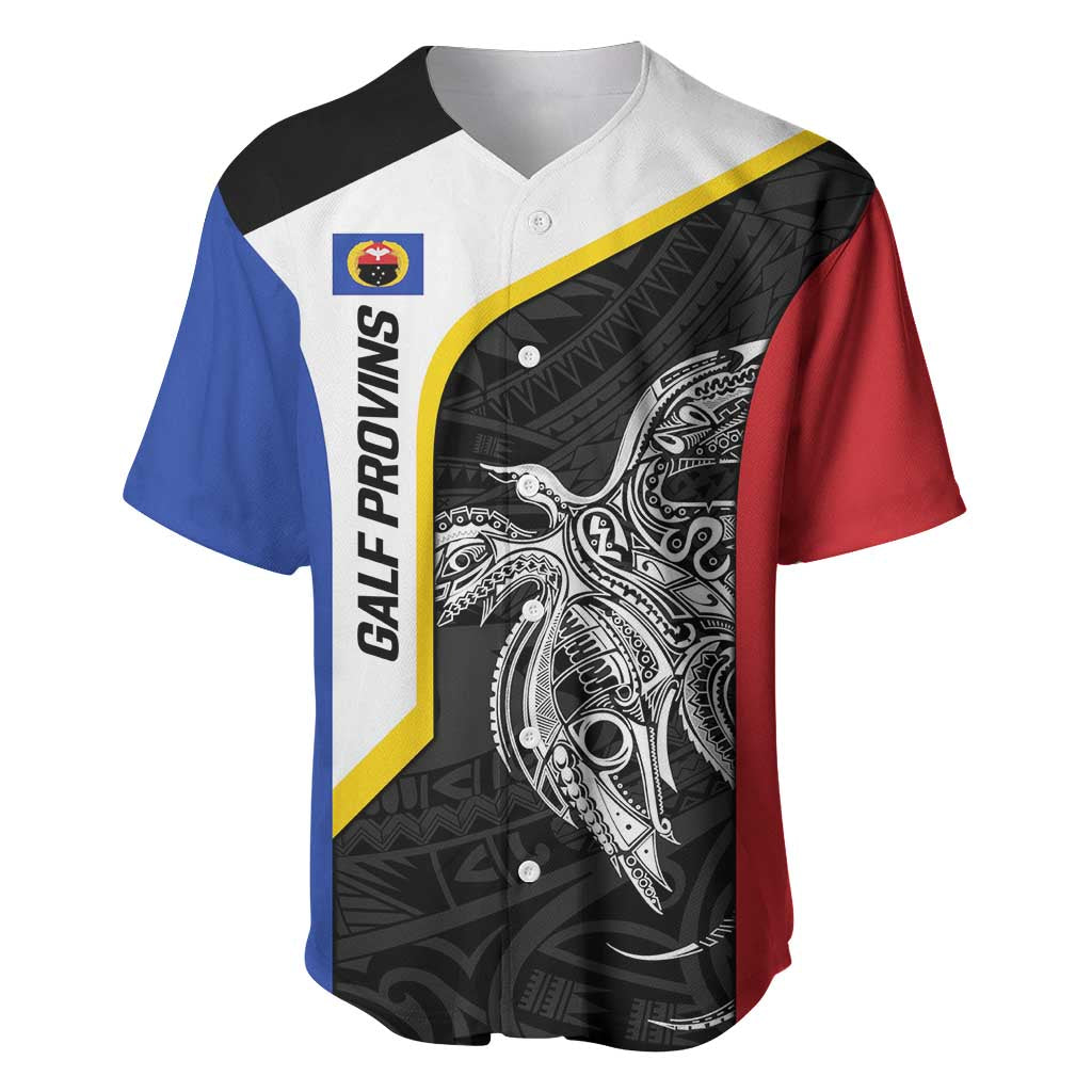 Personalised PNG Gulf Province Baseball Jersey Bird of Paradise Tattoo Flag Motif - Polynesian Pride