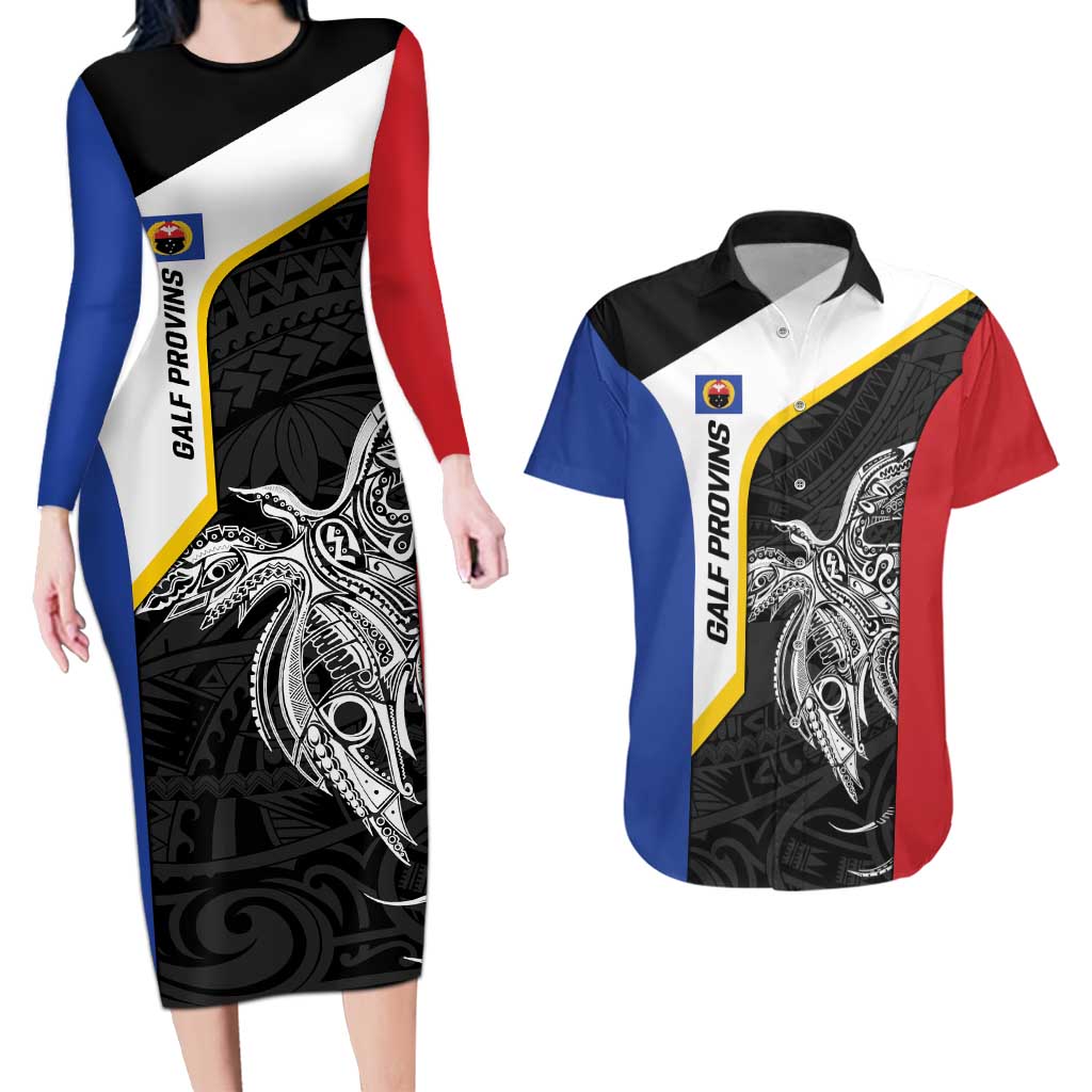 Personalised PNG Gulf Province Couples Matching Long Sleeve Bodycon Dress and Hawaiian Shirt Bird of Paradise Tattoo Flag Motif LT9 Black - Polynesian Pride