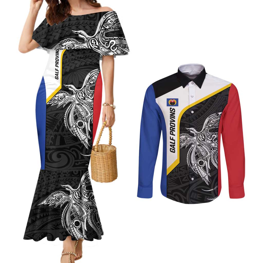 Personalised PNG Gulf Province Couples Matching Mermaid Dress and Long Sleeve Button Shirt Bird of Paradise Tattoo Flag Motif LT9 Black - Polynesian Pride