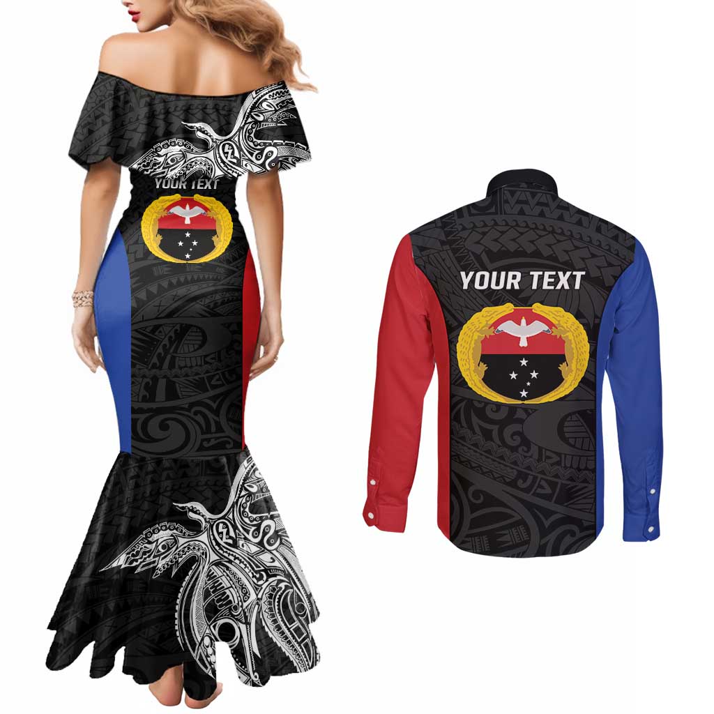 Personalised PNG Gulf Province Couples Matching Mermaid Dress and Long Sleeve Button Shirt Bird of Paradise Tattoo Flag Motif LT9 - Polynesian Pride