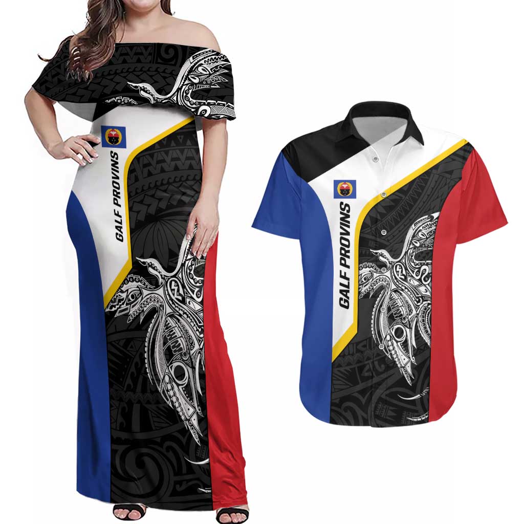 Personalised PNG Gulf Province Couples Matching Off Shoulder Maxi Dress and Hawaiian Shirt Bird of Paradise Tattoo Flag Motif LT9 Black - Polynesian Pride