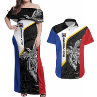 Personalised PNG Gulf Province Couples Matching Off Shoulder Maxi Dress and Hawaiian Shirt Bird of Paradise Tattoo Flag Motif LT9 Black - Polynesian Pride