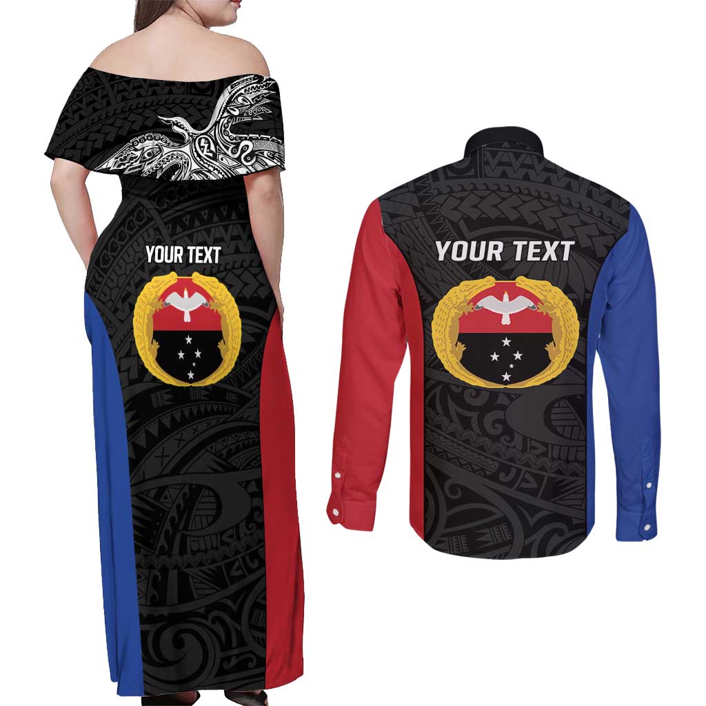 Personalised PNG Gulf Province Couples Matching Off Shoulder Maxi Dress and Long Sleeve Button Shirt Bird of Paradise Tattoo Flag Motif LT9 - Polynesian Pride