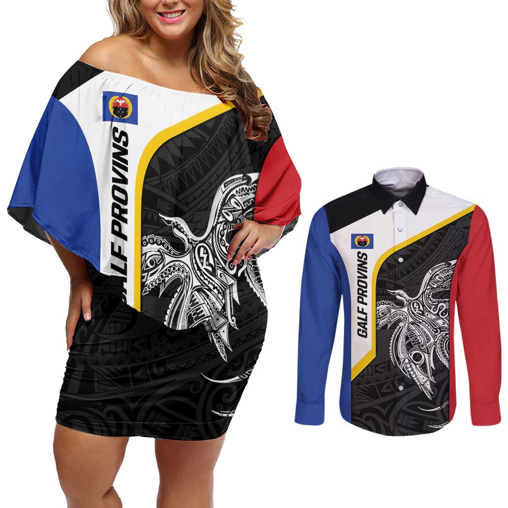 Personalised PNG Gulf Province Couples Matching Off Shoulder Short Dress and Long Sleeve Button Shirt Bird of Paradise Tattoo Flag Motif LT9 Black - Polynesian Pride