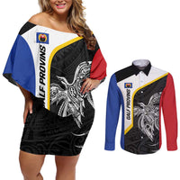 Personalised PNG Gulf Province Couples Matching Off Shoulder Short Dress and Long Sleeve Button Shirt Bird of Paradise Tattoo Flag Motif LT9 Black - Polynesian Pride