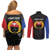 Personalised PNG Gulf Province Couples Matching Off Shoulder Short Dress and Long Sleeve Button Shirt Bird of Paradise Tattoo Flag Motif LT9 - Polynesian Pride