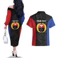 Personalised PNG Gulf Province Couples Matching Off The Shoulder Long Sleeve Dress and Hawaiian Shirt Bird of Paradise Tattoo Flag Motif LT9 - Polynesian Pride