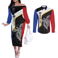 Personalised PNG Gulf Province Couples Matching Off The Shoulder Long Sleeve Dress and Long Sleeve Button Shirt Bird of Paradise Tattoo Flag Motif LT9 Black - Polynesian Pride