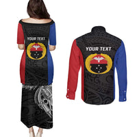 Personalised PNG Gulf Province Couples Matching Puletasi and Long Sleeve Button Shirt Bird of Paradise Tattoo Flag Motif LT9 - Polynesian Pride