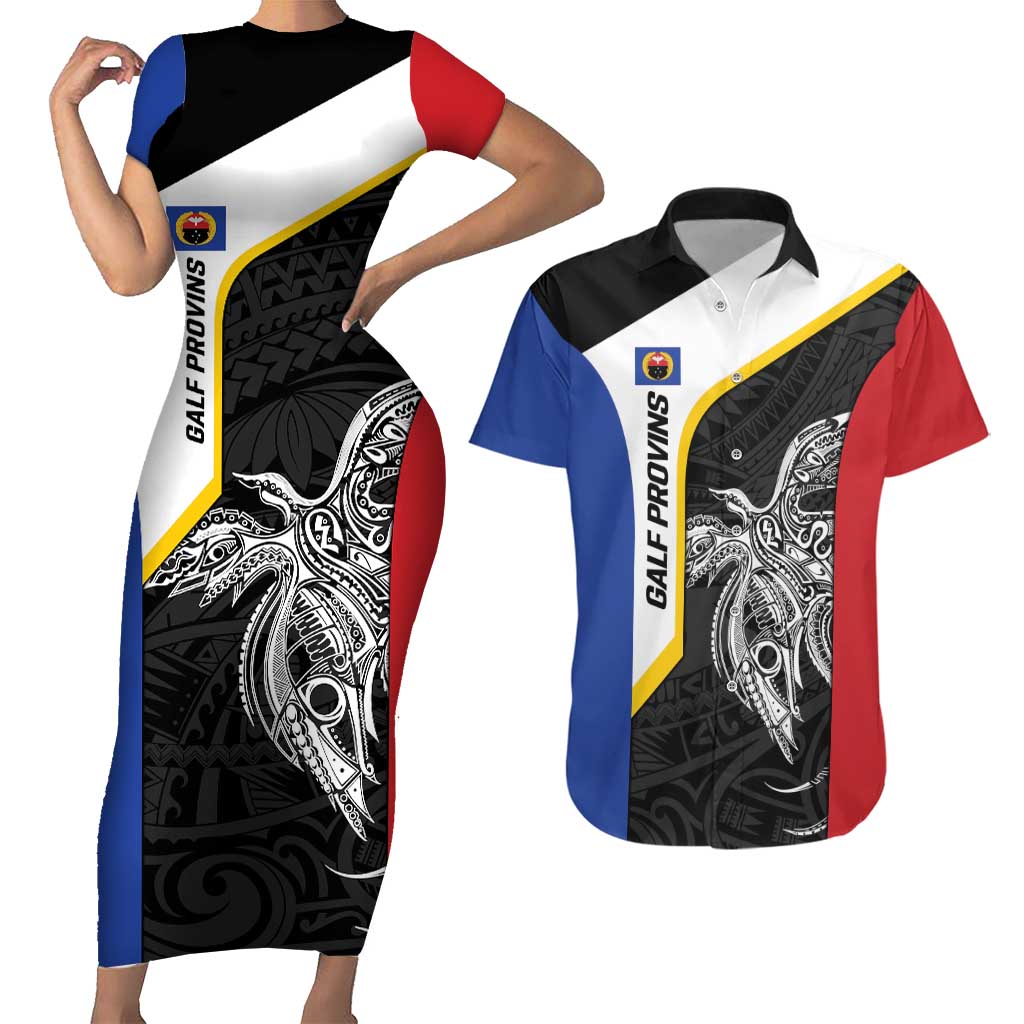 Personalised PNG Gulf Province Couples Matching Short Sleeve Bodycon Dress and Hawaiian Shirt Bird of Paradise Tattoo Flag Motif LT9 Black - Polynesian Pride