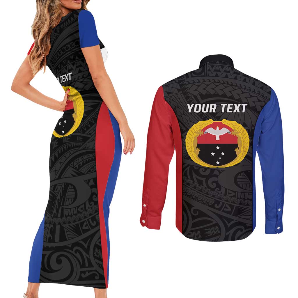Personalised PNG Gulf Province Couples Matching Short Sleeve Bodycon Dress and Long Sleeve Button Shirt Bird of Paradise Tattoo Flag Motif LT9 - Polynesian Pride