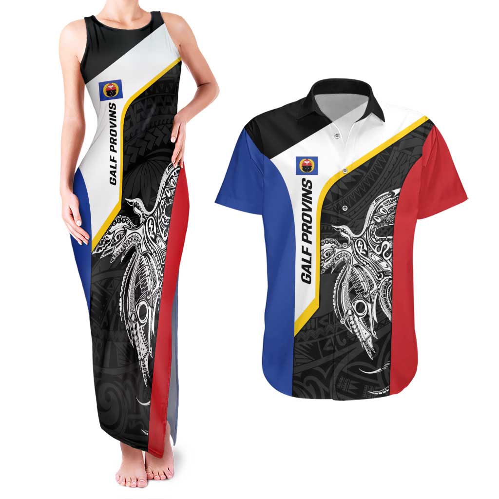 Personalised PNG Gulf Province Couples Matching Tank Maxi Dress and Hawaiian Shirt Bird of Paradise Tattoo Flag Motif LT9 Black - Polynesian Pride