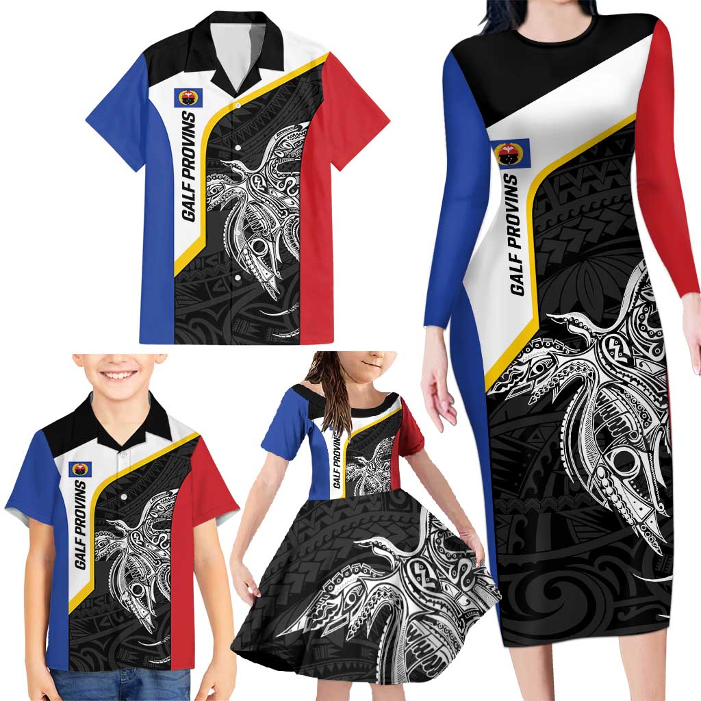 Personalised PNG Gulf Province Family Matching Long Sleeve Bodycon Dress and Hawaiian Shirt Bird of Paradise Tattoo Flag Motif LT9 - Polynesian Pride