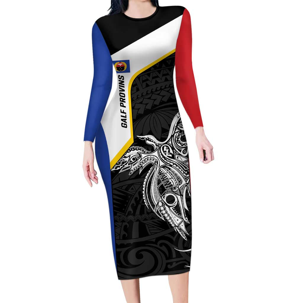Personalised PNG Gulf Province Family Matching Long Sleeve Bodycon Dress and Hawaiian Shirt Bird of Paradise Tattoo Flag Motif LT9 Mom's Dress Black - Polynesian Pride
