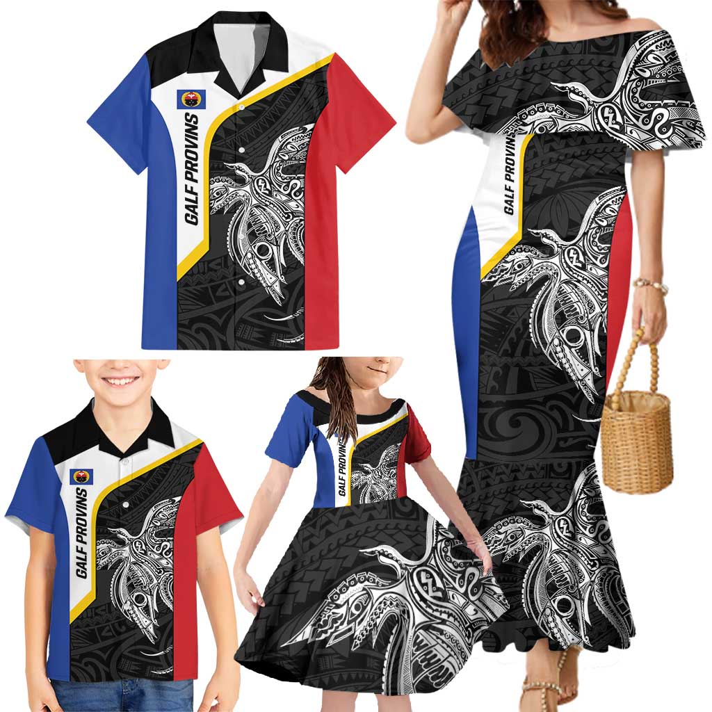 Personalised PNG Gulf Province Family Matching Mermaid Dress and Hawaiian Shirt Bird of Paradise Tattoo Flag Motif LT9 - Polynesian Pride