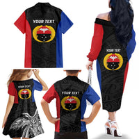 Personalised PNG Gulf Province Family Matching Off The Shoulder Long Sleeve Dress and Hawaiian Shirt Bird of Paradise Tattoo Flag Motif LT9 - Polynesian Pride